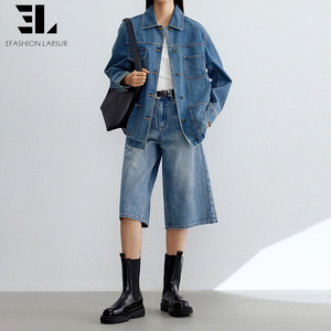 Jaket Denim Overshirt Jeans Shirt Jacket LARSUR Custom Factory Ramah Lingkungan Bahan Lyocell Lembut dengan Efek Distress Wash untuk Wanita - Product Image 6