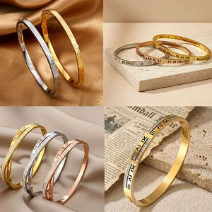 थोक स्टेनलेस स्टील सुरुचिपूर्ण न्यूनतम ब्रैसलेट 18k सोने की प्लेटेड डायमंड फैशन रोमन अंक भिंगल गहने - Product Image 2