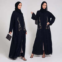 Ensemble Abaya et Hijab Noir Personnalisé de Dubaï, Vêtement Islamique, Abaya Ouverte en Chiffon Noir Premium Ornée de Pétales Floraux