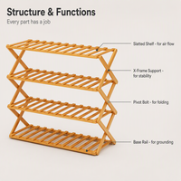 Étagère à chaussures en bambou à 4 niveaux avec étagères à lattes, structure pliable en X, design à circulation d'air pour entrée, couloir, placard