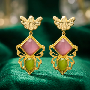 Pendientes Colgantes de Latón Chapado en Oro Rosa y Verde con Diseño de Mariposa Vintage, Joyería Étnica con Gemas para Boda - Product Image 3
