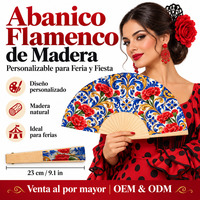 Éventail espagnol en bois pliable de 23 cm, motif carreaux bleus et roses, pour Flamenco, Abanicos De Madera, Fête de Séville, cadeau