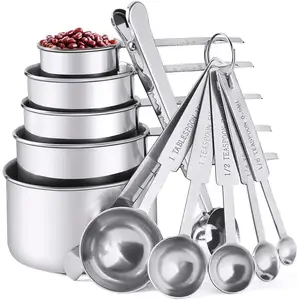 Juego de herramientas de medida de calidad alimentaria, cuchara de medición de acero inoxidable, tazas de medición, 10/12 con bolsa, cuchara, Clip