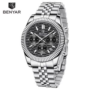 Reloj de cuarzo para hombre Benyar, cronógrafo de acero inoxidable, calendario, esfera azul deportiva luminosa BY-S001 - Product Image 5