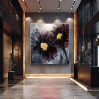 Grande peinture à l'huile abstraite moderne de fleurs, texture épaisse, art mural floral 3D pour hall d'hôtel