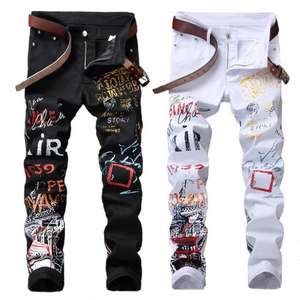 Jeans de Moda Urbana para <span class=keywords><strong>Hombre</strong></span>, Color Negro y Blanco, Diseño Personalizado, Jeans Estampados, Pantalones Punk, Jeans Ajustados de Hip Hop - Product Image 1