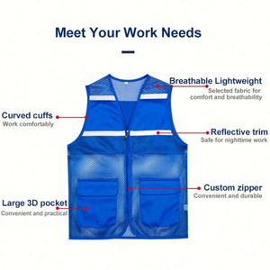 Gilet réfléchissant personnalisé promotionnel avec logo pour les travaux de construction et d'ingénierie, vêtements de travail multi-poches avec fermeture éclair, gilet de sécurité au travail - Product Image 6