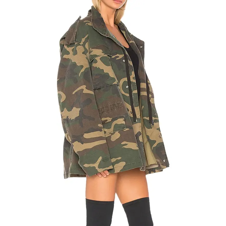 KY New Fashion women casual Optional hood oversized parka jacket in camo trench coat ladies blazer designs