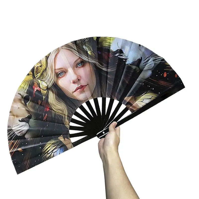 Chinese Bamboo Crafts Custom LOGO Professional Bamboo 13inch Large Hand Fan Custom Fan Fabric Printing Clack Fan