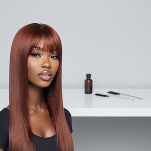 วิกผมแท้บราซิลแบบ Remy  พร้อมเชือกผูกด้านหน้าแบบใส  ทรงยาวแบบ Afro Wave  มีหน้าม้า  โคนผมสีน้ำตาลเข้ม  ปลายผมสีน้ำตาลแดง - Product Image 1