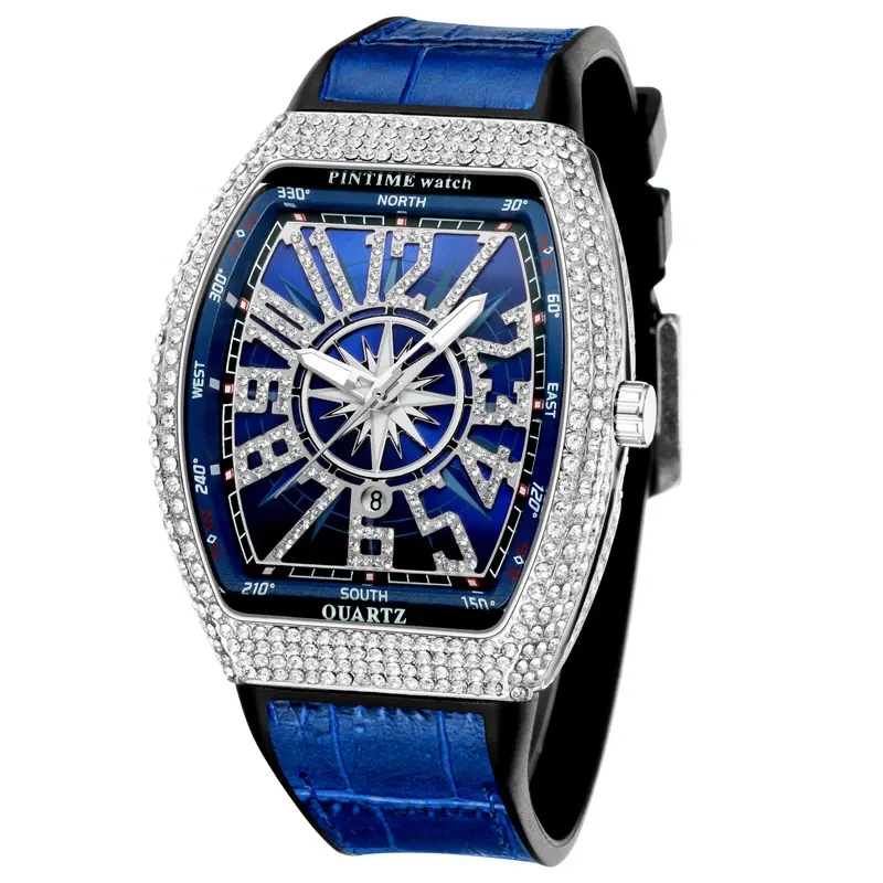Cina negozio Online all'ingrosso Pintime Bling Hip Hop ghiacciato orologio di lusso Tonneau Dropshipping diamante orologi da uomo