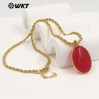 WT-N1539 Collier Pendentif en Gros Plaqué Or avec Grande Pierre Précieuse Ovale Sertie en Bezel et Chaîne Corde
