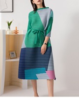 Robe décontractée longue en mousseline unie Miyake 2023, coupe trapèze, grande taille, manches longues pour femme, vêtement de fête tendance avec ceinture