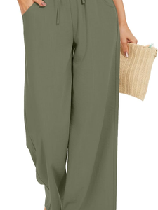 Pantalones anchos para mujer, cintura elástica con cordón, ajuste holgado, longitud completa, pantalones casuales de verano - Product Image 1