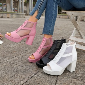 Botines de mujer con punta abierta, de malla, con tacón alto de bloque y plataforma, cremallera trasera, estilo sandalia con recortes, para verano - Product Image 1