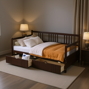 Divano letto in legno a una piazza e mezza con due cassetti, finitura espresso, design elegante e pratico - Product Image 2