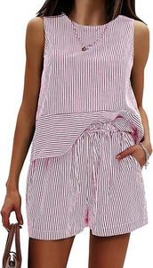 Conjunto de Pantalones y Camiseta Corta a Rayas para Mujer, Marca Privada, Cuello Redondo, Sin Mangas, Transpirable, Estilo Casual de Verano - Product Image 6