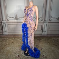 Costume de scène pour femme, ajusté, orné de cristaux bleus scintillants, pour chanteuse, club de nuit, DJ, soirée