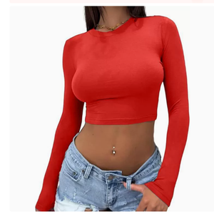 T-<span class=keywords><strong>shirt</strong></span> court sexy et épicé pour <span class=keywords><strong>femme</strong></span>, couleur unie, col ajusté, taille basse, manches longues, style européen et américain, collection 2026 - Product Image 5