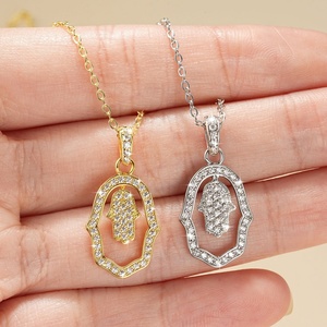 Vintage Fashion Eco-friendly <b>Copper</b> 14k Gold Filled Jewelry Insert Zircon Full Diamond Hollow Out Fatima Pendant Necklace - Product Image 6