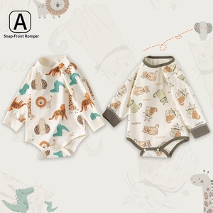 Combinaison bébé unisexe à manches longues, imprimé chien, double face, en pur coton, à épaules ouvertes, pour l'automne, style pull triangulaire pour ramper - Product Image 1