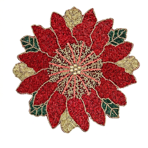 Napperon de table durable en forme de fleur, perles, diamètre 500 mm, épaisseur personnalisée, motif de Noël, fait main, rouge, or, feuilles vertes - Product Image 1
