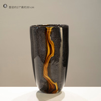 Vase en verre soufflé à la main ARM LVG, style moderne rétro de luxe, effet lave, noir ambre, décoration artistique, grand récipient cylindrique pour fleurs