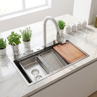 Évier cascade en acier inoxydable 304 gris nano de qualité supérieure pour cuisine, évier de travail moderne avec fente pour couteau et planche