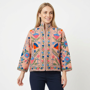Blouson bomber en coton tricoté multi-saison à motif floral, broderie machine, design dessiné à la main, écologique, respirant, séchage rapide - Product Image 1