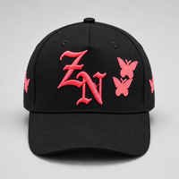 Casquette de baseball noire personnalisée 5 panneaux avec broderie 3D en relief papillon, visière incurvée, réglable, style streetwear, vente en gros, OEM, faible MOQ