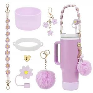 Ensemble de tasses isothermes avec bouchon de paille en silicone, porte-clés, corde tressée rechargeable, pendentif boule de fleurs pour tous les types d'eau - Product Image 1