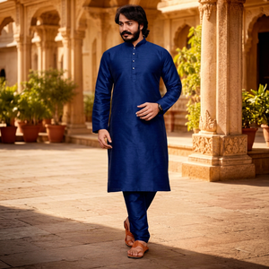 Custom Men Royal Blue Dupion Silk Kurta Mandarin Collar Ethnic <b>Top</b> High Quality <b>Indian</b> Festive Party Wear Shirt Bulk - Product Image 1