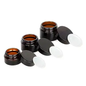 Mini recipiente de cosméticos redondo premium, recipiente vazio reutilizável de luxo, creme para o rosto com 5g 10ml, frasco de vidro âmbar com tampas pretas