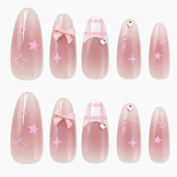 Faux ongles roses à presser, forme cercueil, motif nœud, étoile, écossais, strass, réutilisables pour femmes