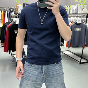Camiseta de Cuello Redondo de Color Sólido Estilo Retro, Camiseta Moderna con Diseñ<span class=keywords><strong>o</strong></span> de Diamantes Recortados, Camiseta de Punto Ajustada de Verano de Alta Calidad - Product Image 3