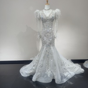 Wx449 Feather Mermaid <b>Wedding</b> Dress Deep V Neck Beaded Pearl Cuff Sheer Sleeve Sparkling Train Jancember - Product Image 2