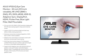 Monitor A SUS VP32UQ 4K UHD de 31.5 Pulgadas al por Mayor, 100% sRGB HDR10, Cuidado Ocular, DP, HDMI, Soporte VESA - Product Image 2