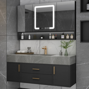 Combinaison de meuble de salle de bain moderne simple lumière de salle de bain plaque de roche de luxe armoire de lavabo intégrée armoire de lavabo - Product Image 2