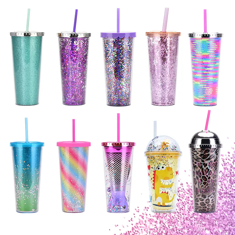 24Oz Custom Herbruikbare Tumbler Cups Logo Dubbele Muur Geïsoleerde Plastic Koffie Tumbler Met Rietjes En Deksels Logo