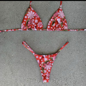 Noel Baskılı Mayo Kadınlar Bağlamalı Mayo İki Parçalı Tanga Bikini Takımı - Product Image 3