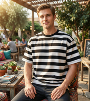 T-shirt en coton à manches courtes et col rond pour homme, en jersey teint en fil rayé, style décontracté urbain, pull-over, fabricant de logos personnalisés