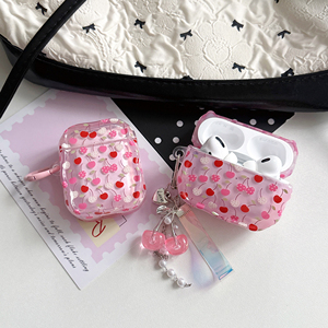 Étui pour <span class=keywords><strong>AirPods</strong></span> Pro 2 3 rose cerise coréen mignon, coque de protection transparente en TPU de luxe avec porte-clés cerise perlé - Product Image 2