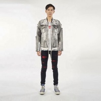 Jaket denim berlubang dalam mode grosir pakaian pria kancing depan jaket denim biru dicuci