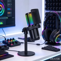 Microphone de bureau à condensateur USB Type C avec éclairage RGB et suspension antichoc pour le streaming, les podcasts et YouTube sur PC et téléphone portable