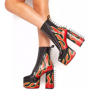 Rivets Patchwork <b>Round</b> <b>Toe</b> Women Platform Short Boots Side Zipper Ankle Booties High Chunky <b>Heels</b> Shoes Customized - Product Image 6