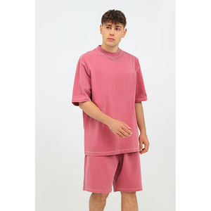 Conjunto de Camiseta y Pantalones Cortos Unisex de Moda Urbana, Talla Estadounidense, 100% Algodón, Teñido con Efecto Deslumbrante, Hombros Caídos, Estilo Casual de Verano - Product Image 5