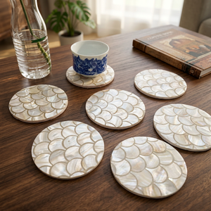 Posavasos redondos de nácar con diseño de concha natural, elegantes mantelillos antideslizantes para bebidas, para decoración del hogar y comedor. - Product Image 1
