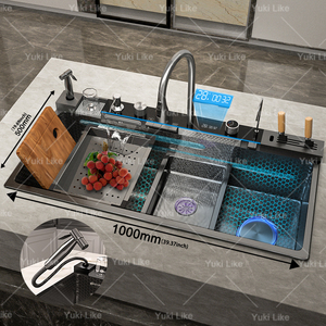 Fregadero de Cocina Tipo Cascada de Acero Inoxidable Extra Grande con Lavavasos y Set de Grifo con Pantalla Digital, 100*50cm - Product Image 4