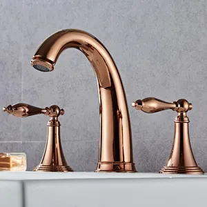 Torneira pia do banheiro de luxo, torneira de bronze dourado generalizado 3 furos duas válvulas para água quente e fria