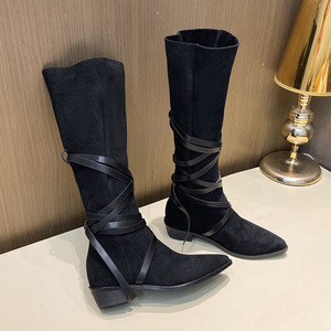 Bottes mi-mollet rétro à lacets pour femme, style western, bout pointu, nouvelle collection automne, talon moyen, design rehaussant la silhouette - Product Image 3